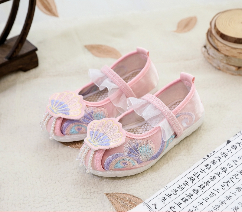 Pantofi pentru fete, cu partea superioară din mătase, branț din material textil, stil național, pentru vârsta 1-16 ani