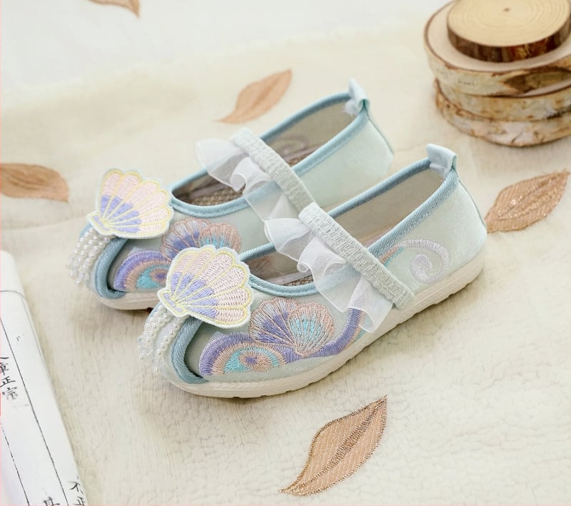 Pantofi pentru fete, cu partea superioară din mătase, branț din material textil, stil național, pentru vârsta 1-16 ani