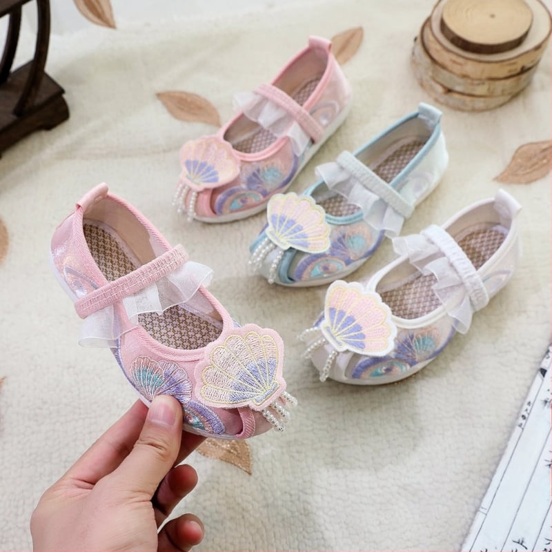 Pantofi pentru fete, cu partea superioară din mătase, branț din material textil, stil național, pentru vârsta 1-16 ani