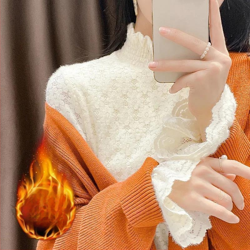 Női flockolt velúr csipkés alapfelső, hosszú ujjú, fél magas gallér, meleg téli 2025