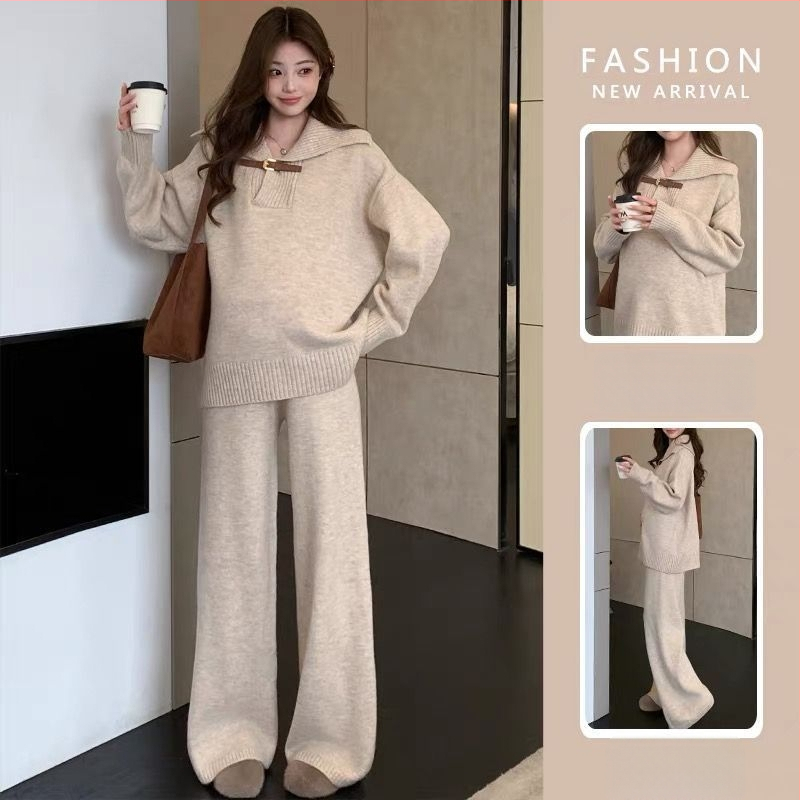 UNMUN σετ εγκύου: πλεκτό τοπ από κασμίρι και φαρδιά παντελόνια, μακριά μανίκια, με γιακά, κύρια ύφανση PVC