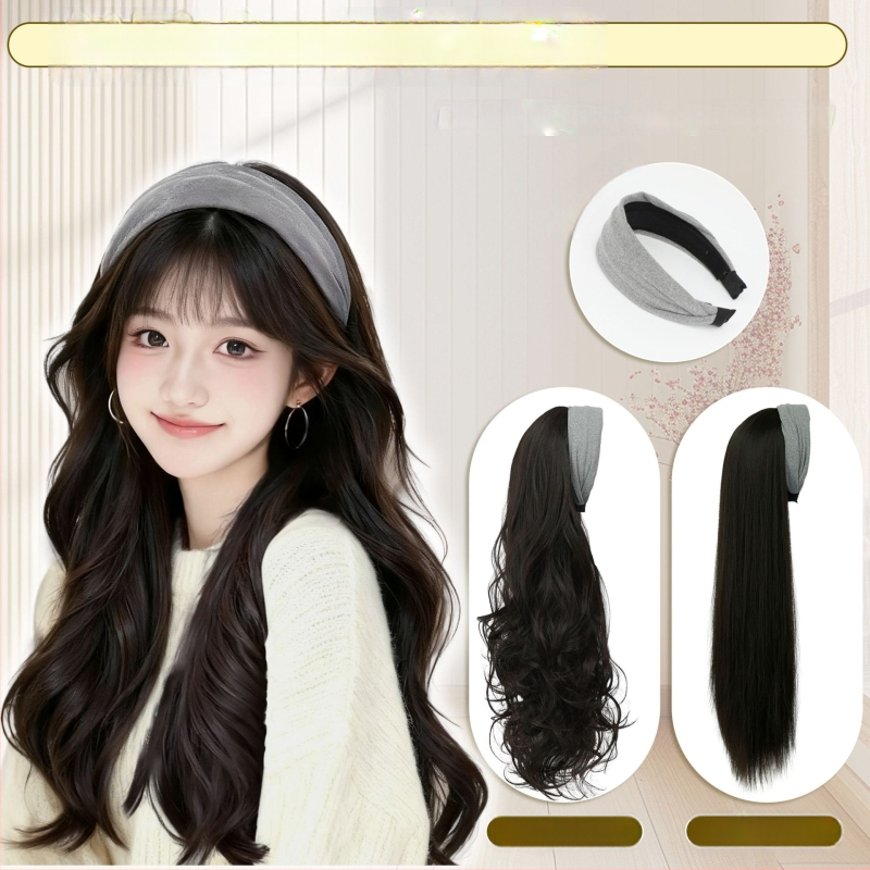 Fejpántos paróka – hosszú göndör haj, frufru egyenes vagy ferde; hőálló rostok; festhető és perm-kezelhető