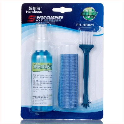 HB-021 Troj-dielny čistiaci set pre notebook, telefón, počítač a digitálnu kameru – tekutina na čistenie obrazovky, OEM spracovanie, tlač loga, balenie papierovou kartou