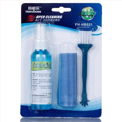 HB-021 Troj-dielny čistiaci set pre notebook, telefón, počítač a digitálnu kameru – tekutina na čistenie obrazovky, OEM spracovanie, tlač loga, balenie papierovou kartou