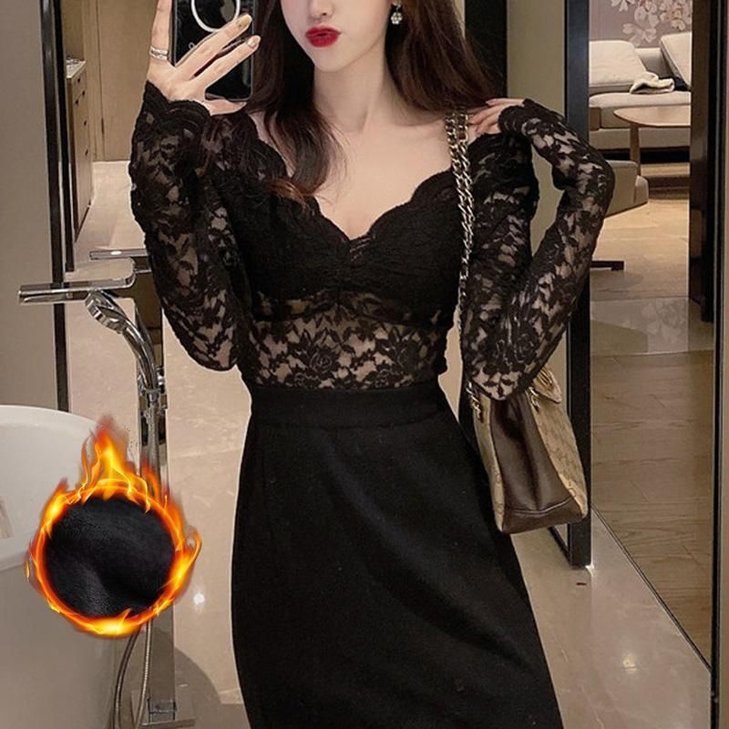 Női csipkés alapréteg felső V-nyakkal, hosszú ujjú, fleece bélés, poliészter anyag