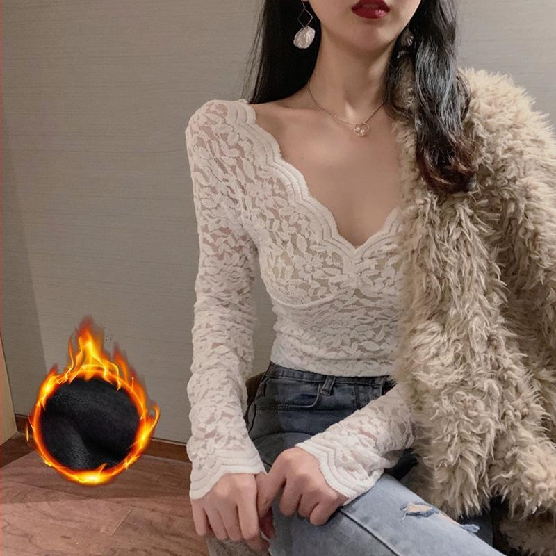 Női csipkés alapréteg felső V-nyakkal, hosszú ujjú, fleece bélés, poliészter anyag