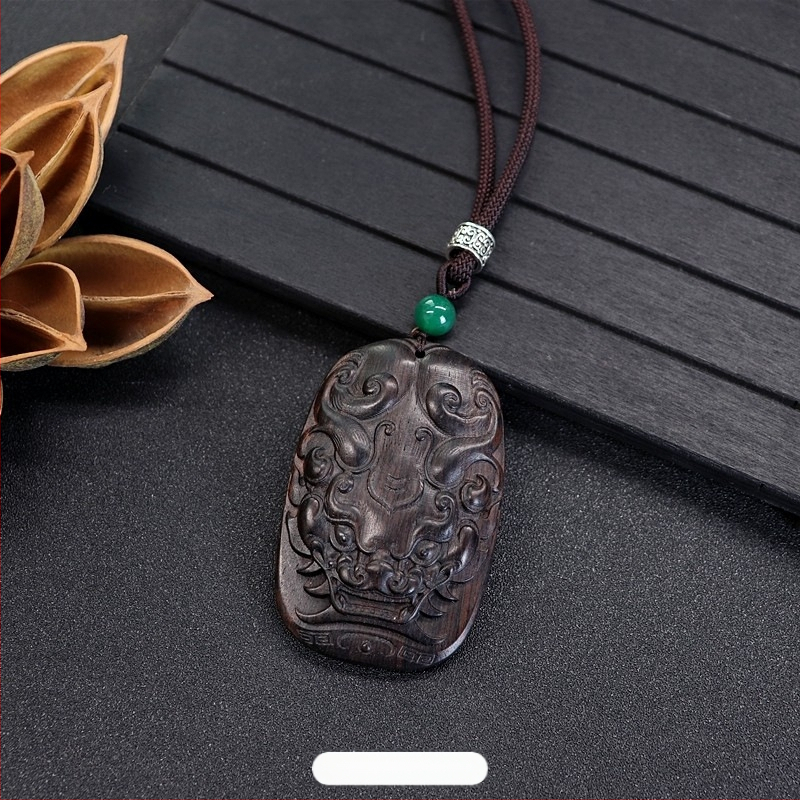 Luo Xiang colier din lemn natural de abanos pentru femei, pandant Pixiu sculptat manual, stil vintage etnic, literar-arte retro