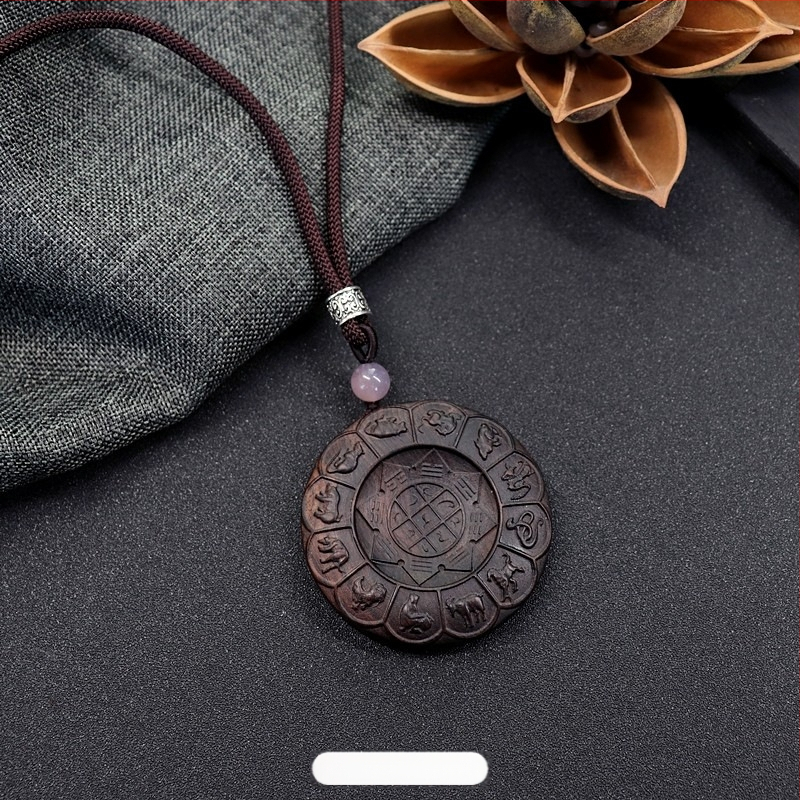 Luo Xiang colier din lemn natural de abanos pentru femei, pandant Pixiu sculptat manual, stil vintage etnic, literar-arte retro