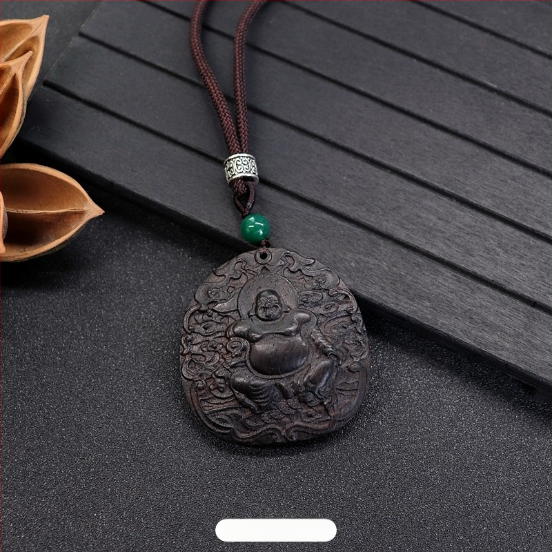 Luo Xiang colier din lemn natural de abanos pentru femei, pandant Pixiu sculptat manual, stil vintage etnic, literar-arte retro