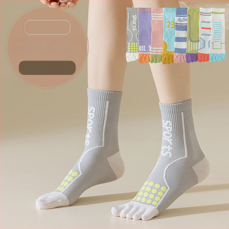 Жени петопръстни памучни чорапи за есенно-зимния сезон, антибактериални, дезодориращи и пот абсорбиращи, средно дълги спортни чорапи.