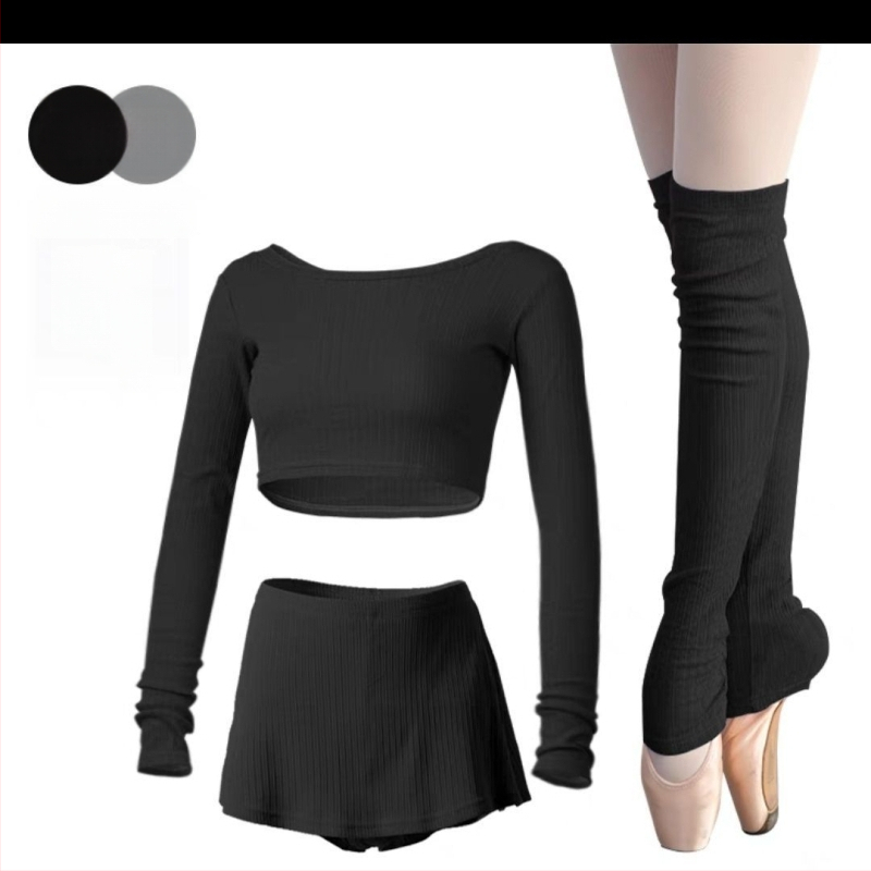 Балетно облекло за възрастни жени — къс трикотажен топ с дълъг ръкав, тричленен комплект за танцово трениране, пролет/есен; стил китайски литературно ретро, PVC ≤ 30%