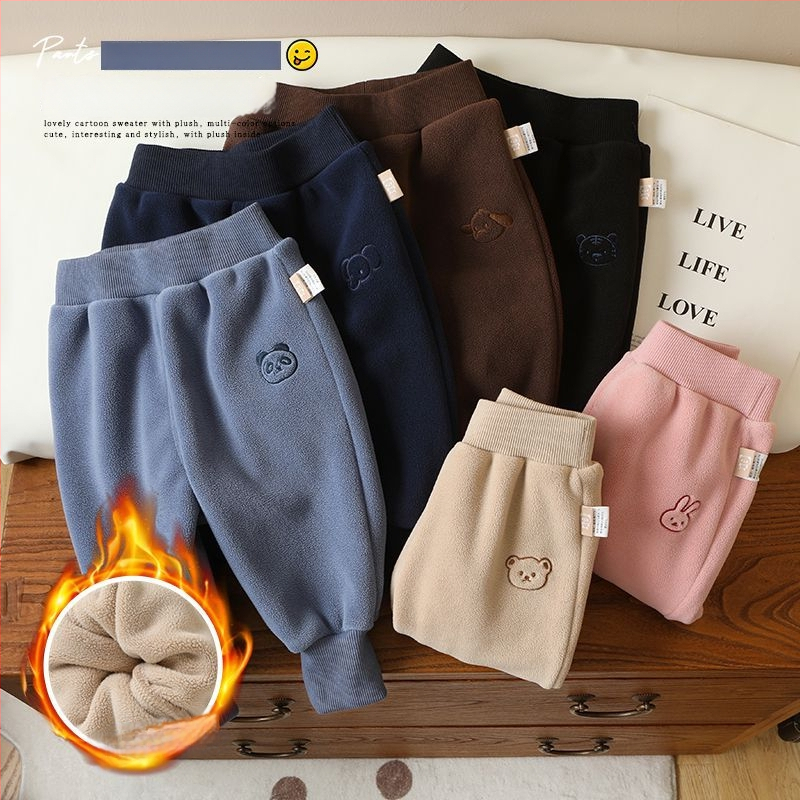 Gyerekeknek készült fleece béléses nadrág, téli, poliészter 95%, 1–3 éveseknek, koreai stílusú casual