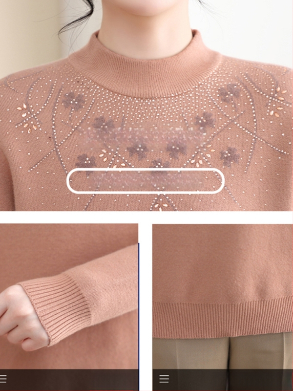 Dámsky teplý pletený základný top s fleecovou podšívkou, pulóver | Polyester 95%+, dlhé rukávy, polovičný vysoký golier, pravidelná dĺžka 50–65 cm