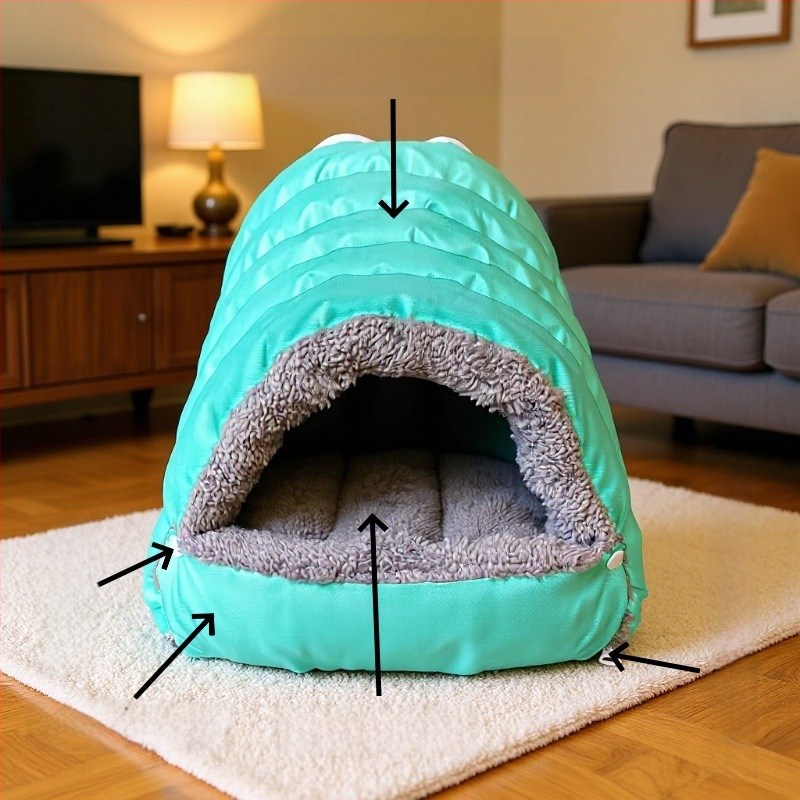 Φωλιά γάτας — βελούδινο ύφασμα, ημι-κλειστή κατασκευή, θέρμανση για όλες τις εποχές