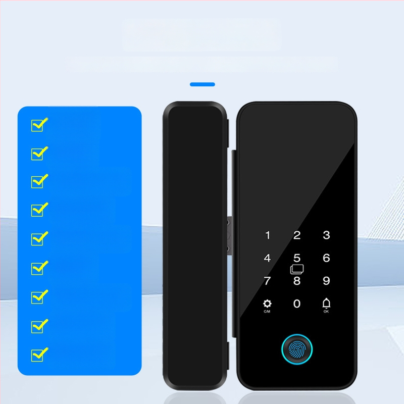 Intelligens üvegajtó zár Tuya alkalmazás vezérléssel, ujjlenyomat és jelszó hitelesítéssel, irodai ajtókhoz – keretessel vagy keret nélkül, egy- vagy kétszárnyú ajtókhoz