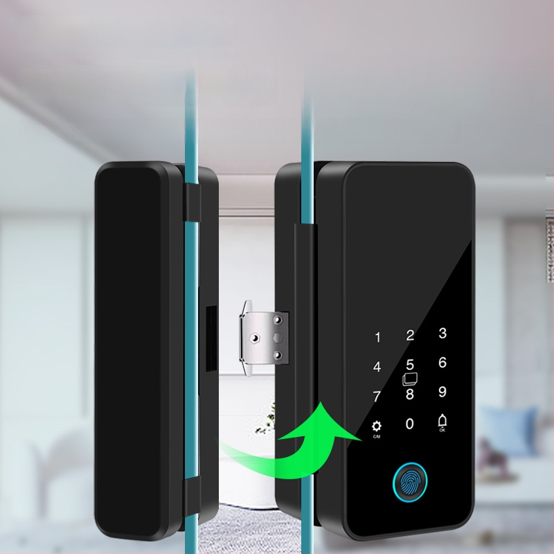 Intelligens üvegajtó zár Tuya alkalmazás vezérléssel, ujjlenyomat és jelszó hitelesítéssel, irodai ajtókhoz – keretessel vagy keret nélkül, egy- vagy kétszárnyú ajtókhoz