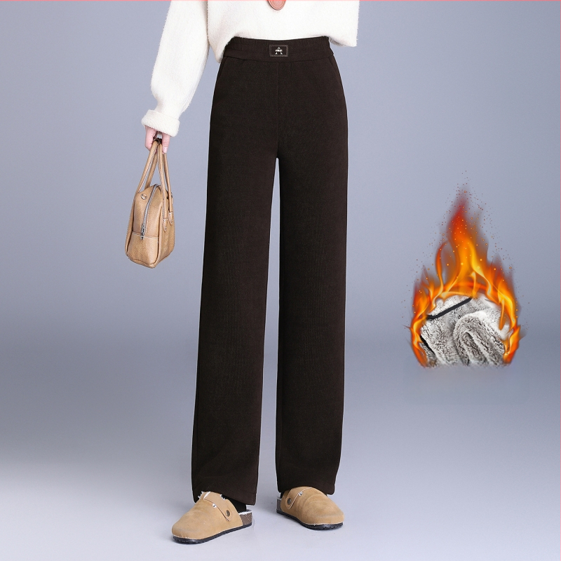 Dámske široké nohavice z corduroy s fleece podšívkou, vysoký pás, hrubé na zimu 2025, elegantný dochádzkový štýl
