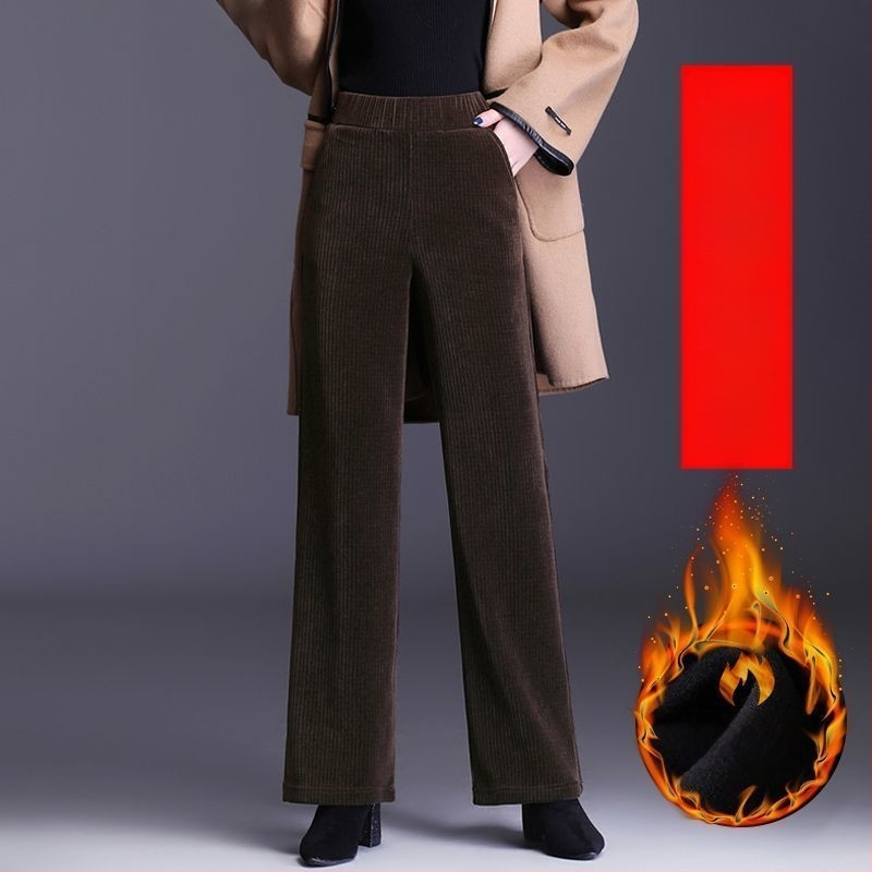 Dámske nohavice z chenille s fleecovou podšívkou, rovný strih, vysoký pás, casual štýl, jesensko-zimné, 95% polyester