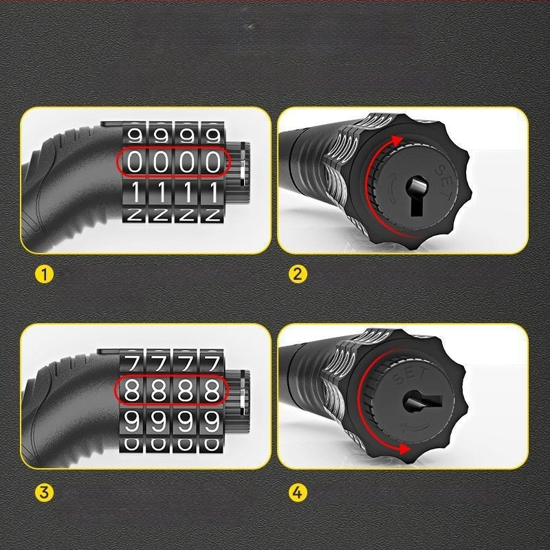 Keyma jelszavas zár kerékpárokhoz, motorkerékpárokhoz és elektromos járművekhez — négyjegyű kód, PVC+acélkábel, 100 g