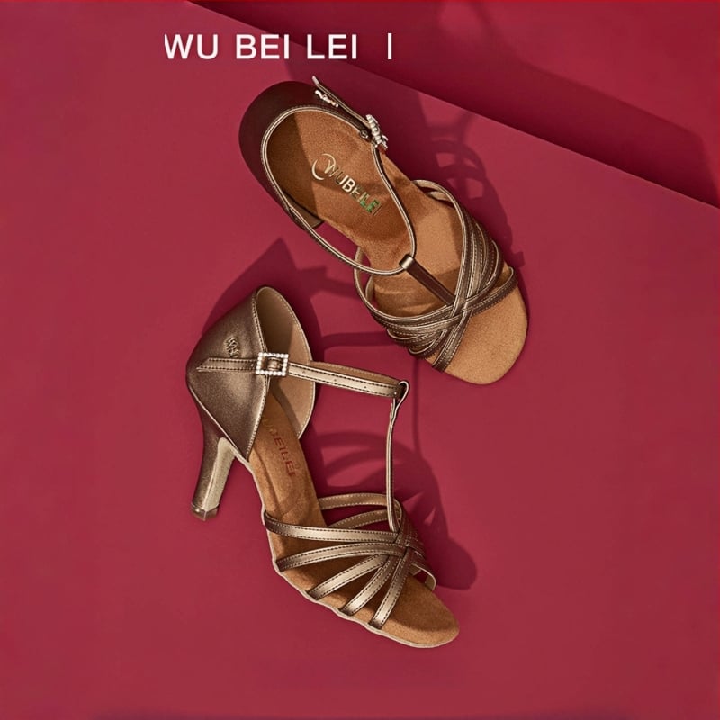 Ženske latino plesne cipele s pet remena u obliku slova T — gornji dio od svile, potplat od velura, prozračne, otporne na habanje