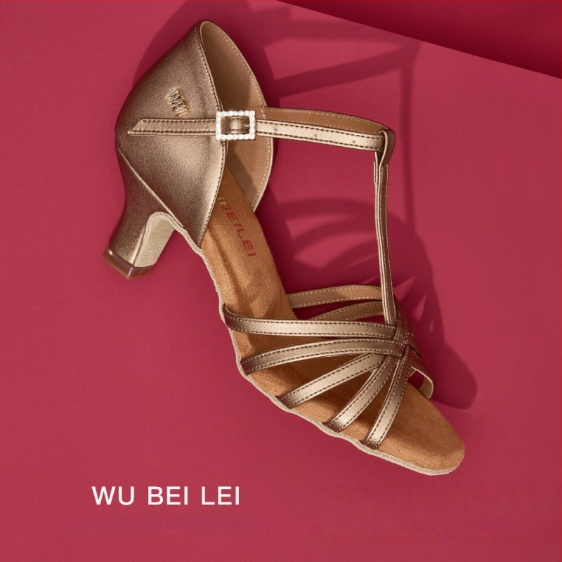 Ženske latino plesne cipele s pet remena u obliku slova T — gornji dio od svile, potplat od velura, prozračne, otporne na habanje