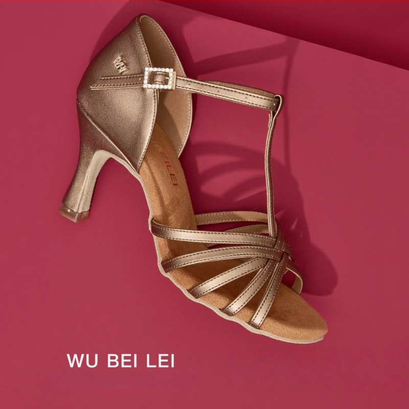 Ženske latino plesne cipele s pet remena u obliku slova T — gornji dio od svile, potplat od velura, prozračne, otporne na habanje