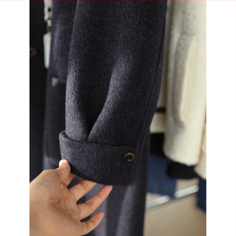 Női kézzel készített dupla oldalas kasmírgyapjú kabát, középhosszú, gallér, hosszú ujjú