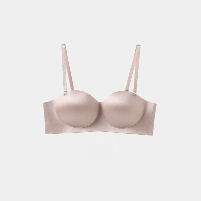 Bešvová podprsenka z lesklého saténu, bezšvový dizajn, bočné tvarovanie, bez ramienok, zadné zapínanie na štyri háčiky, nylonový materiál