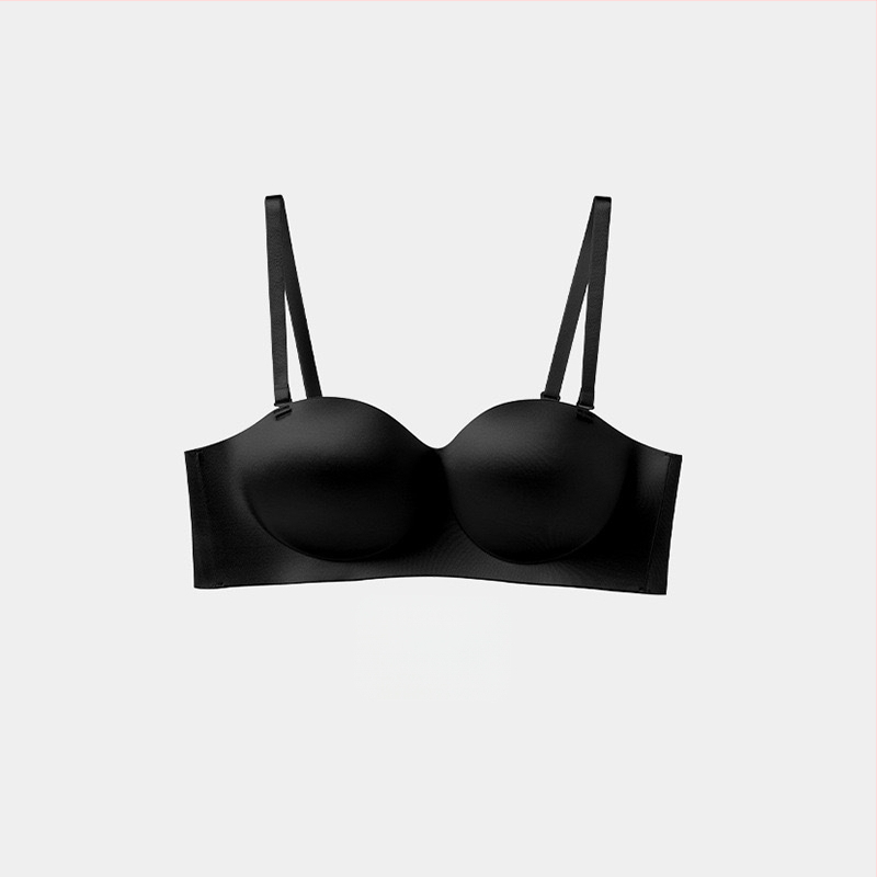 Bešvová podprsenka z lesklého saténu, bezšvový dizajn, bočné tvarovanie, bez ramienok, zadné zapínanie na štyri háčiky, nylonový materiál
