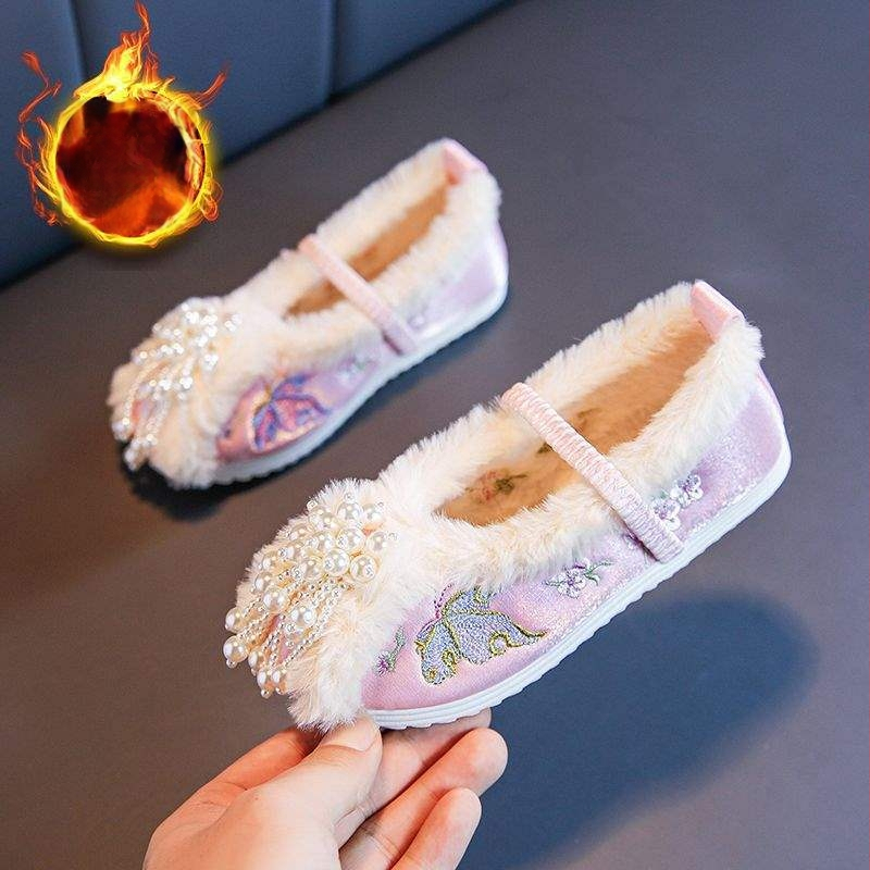 Hanfu ručne tkané topánky pre ženy, etnický štýl, vyšívaný bavlnený vršok, bez šnúrok, zahnutá špička, plochý štvorcový podpätok