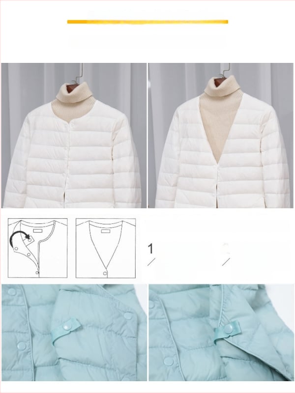 Dámska péřová bunda, štíhla línia, materiál: nylon, výplň: biele kačacie perie, obsah peria 50%, golier typu wood-ear edge