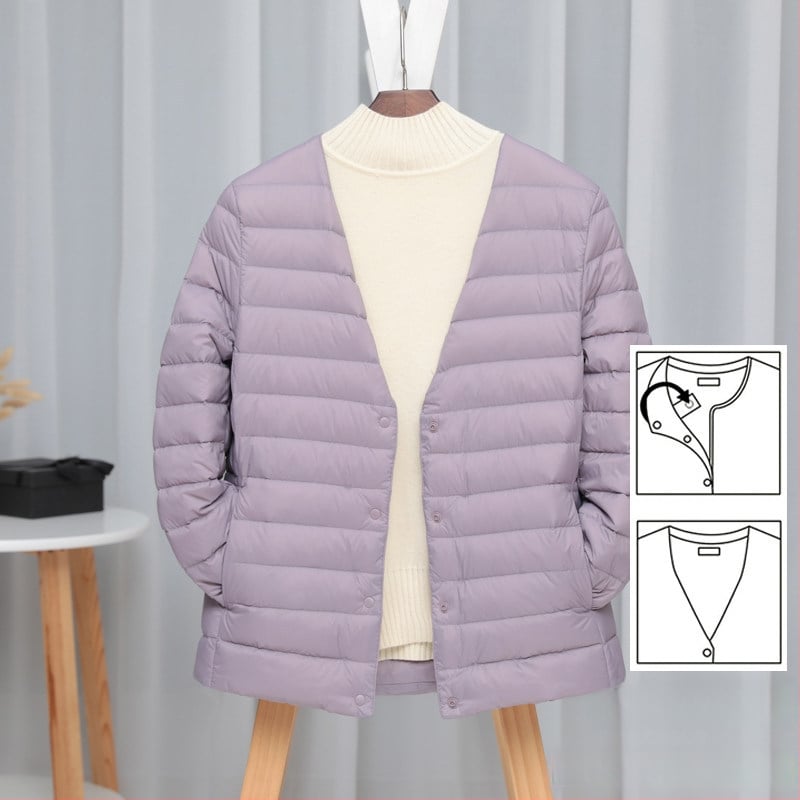 Dámska péřová bunda, štíhla línia, materiál: nylon, výplň: biele kačacie perie, obsah peria 50%, golier typu wood-ear edge