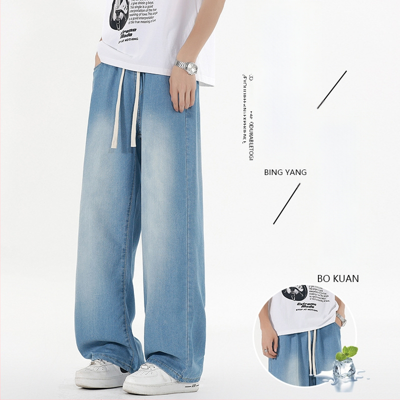 Blugi, stil coreean, croială dreaptă, talie joasă, fermoar, desen manual