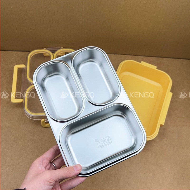 Ebéddoboz, mikrohullámú sütőben használható, 304 rozsdamentes acél, három rekesz, zárható, kapacitás 800-1000 ml