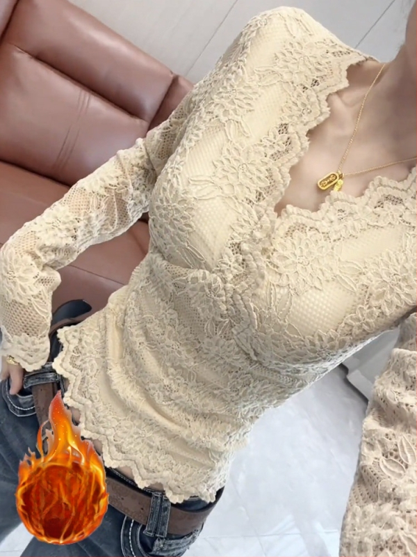 Top s čipkom i flisom, Slim-fit, Dugi rukav, V-izrez