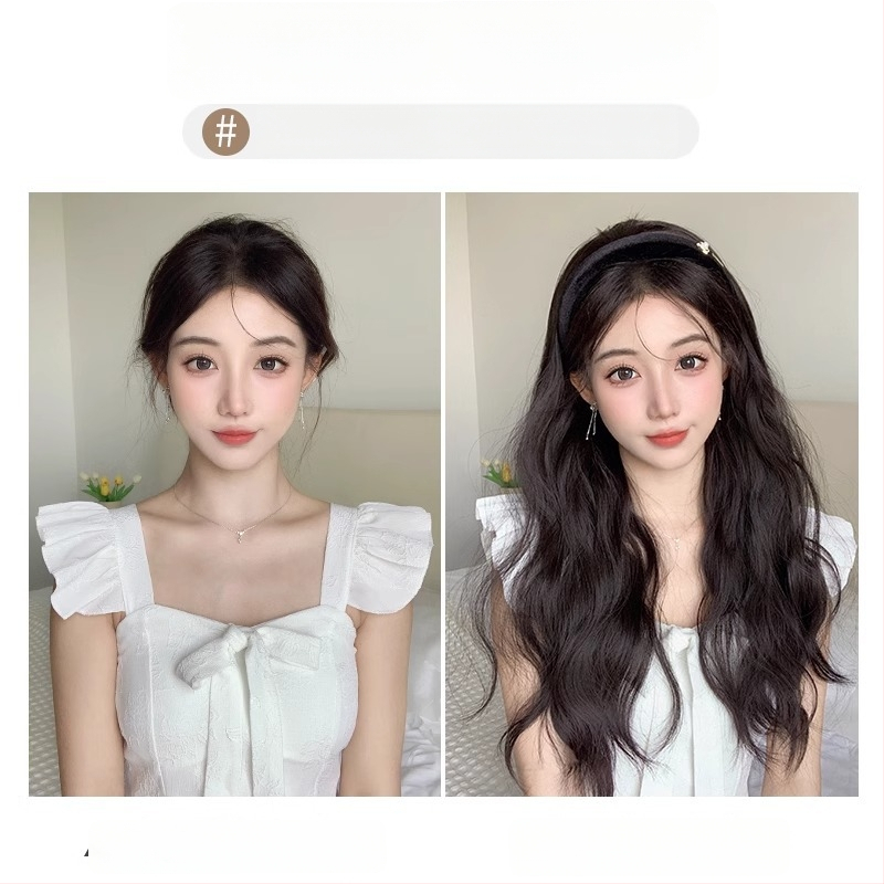 Camellia hajpántos paróka – vízhullámú göndör haj, levehető Camellia hajpánt, U-alakú félfej fedés, hőálló huzal, természetes hatás