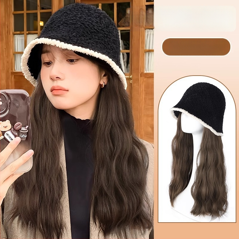 Horgászkalap paróka hosszú göndör hajjal, kötött őszi-téli stílus, természetes megjelenés, hajszálakból magas hőmérsékletű rost, frufru: egyenes vagy ferde, nem festhető és nem vasalható