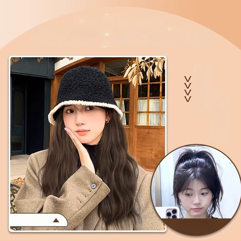 Horgászkalap paróka hosszú göndör hajjal, kötött őszi-téli stílus, természetes megjelenés, hajszálakból magas hőmérsékletű rost, frufru: egyenes vagy ferde, nem festhető és nem vasalható