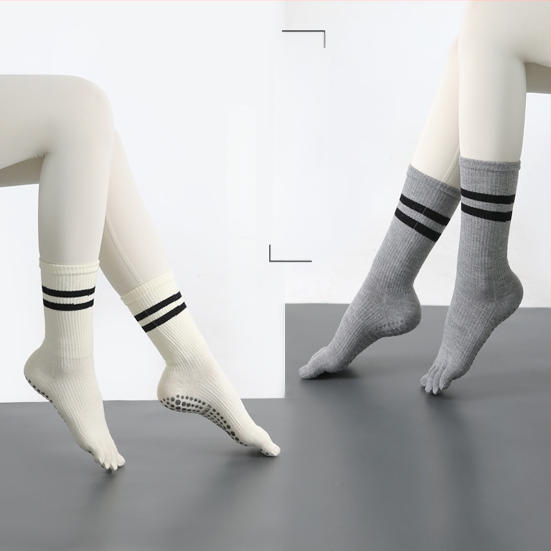 Дамски йога чорапи за пръсти, противохлъзгащи, памучни, висок тръбен маншет, 70–80% памук, абсорбиращи пот и филтър на миризмата, за йога, пилатес и фитнес