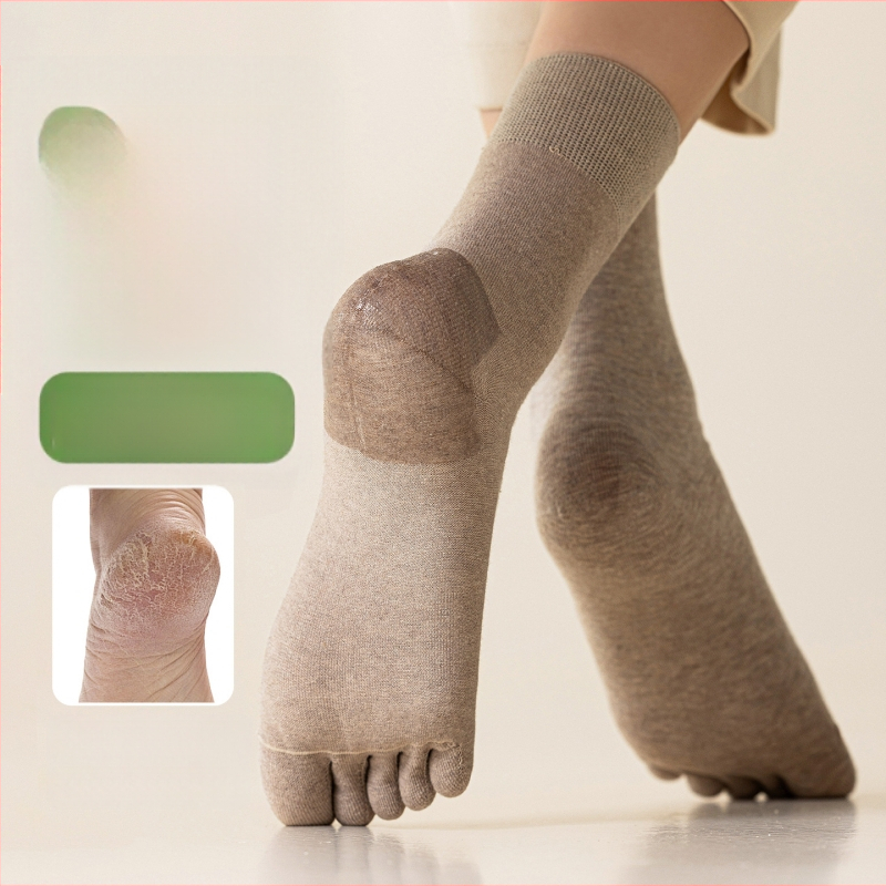 Женски чорапи с пет пръста против напукване, средна височина, силиконов хидратиращ ток, антифрикционни, памучно-полиестерно-спандексови, безшевни пръсти
