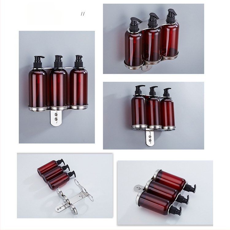 Ανοξείδωτη βάση τοίχου για φιάλες σαπουνιού, αντισηπτικό χεριών, αφρόλουτρο και μαλακτικό μαλλιών; μηχανισμός πατήματος με το χέρι; μοντέρνος μινιμαλιστικός σχεδιασμός; βάρος 0,35 kg; κατάλληλο για ξενοδοχεία, διαμερίσματα και μπάνια.