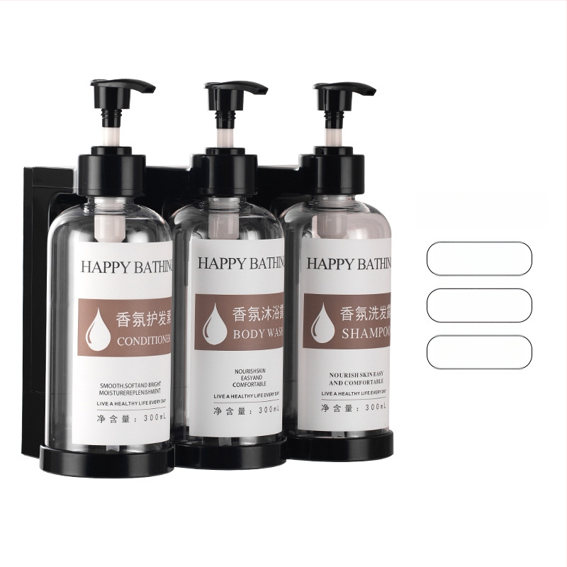 Τοίχο-μονταρισμένος διανομέας σαπουνιού χωρίς διάτρηση – χειροκίνητη πίεση, πλαστικό σώμα. Για μπάνιο ξενοδοχείου. Διανέμει σαπούνι, αντισηπτικό, σαμπουάν και gel μπάνιου.