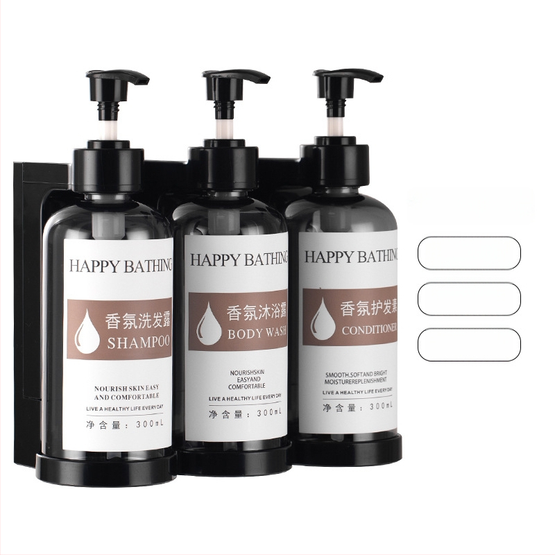 Τοίχο-μονταρισμένος διανομέας σαπουνιού χωρίς διάτρηση – χειροκίνητη πίεση, πλαστικό σώμα. Για μπάνιο ξενοδοχείου. Διανέμει σαπούνι, αντισηπτικό, σαμπουάν και gel μπάνιου.