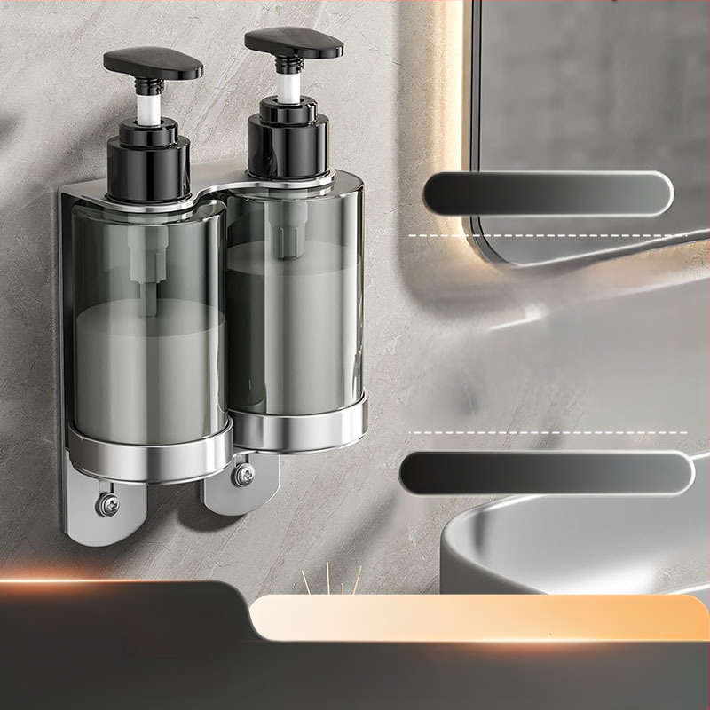 Στήριγμα φιαλών σαπουνιού και σαμπουάν από ανοξείδωτο ατσάλι 304 — τοίχου, βουρτσισμένη επιφάνεια, μοντέρνος μινιμαλισμός, χειροκίνητο πάτημα