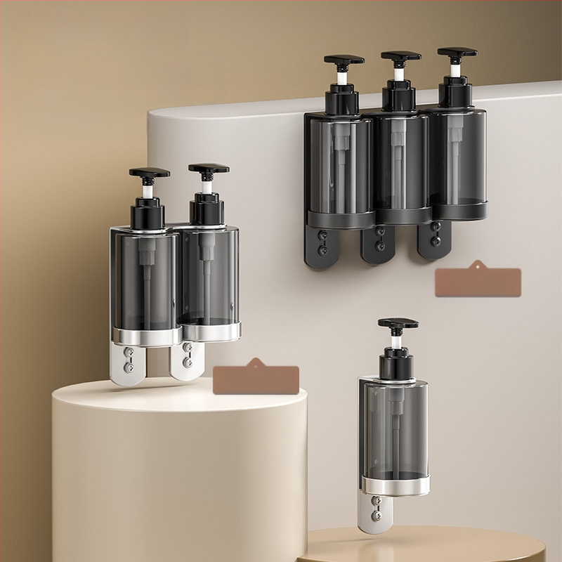 Στήριγμα φιαλών σαπουνιού και σαμπουάν από ανοξείδωτο ατσάλι 304 — τοίχου, βουρτσισμένη επιφάνεια, μοντέρνος μινιμαλισμός, χειροκίνητο πάτημα