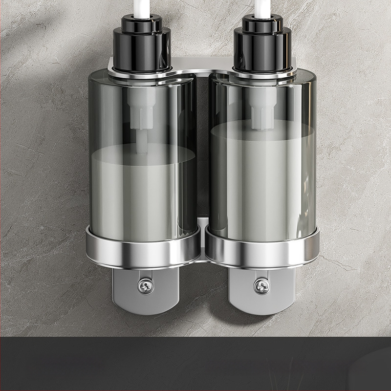 Στήριγμα φιαλών σαπουνιού και σαμπουάν από ανοξείδωτο ατσάλι 304 — τοίχου, βουρτσισμένη επιφάνεια, μοντέρνος μινιμαλισμός, χειροκίνητο πάτημα