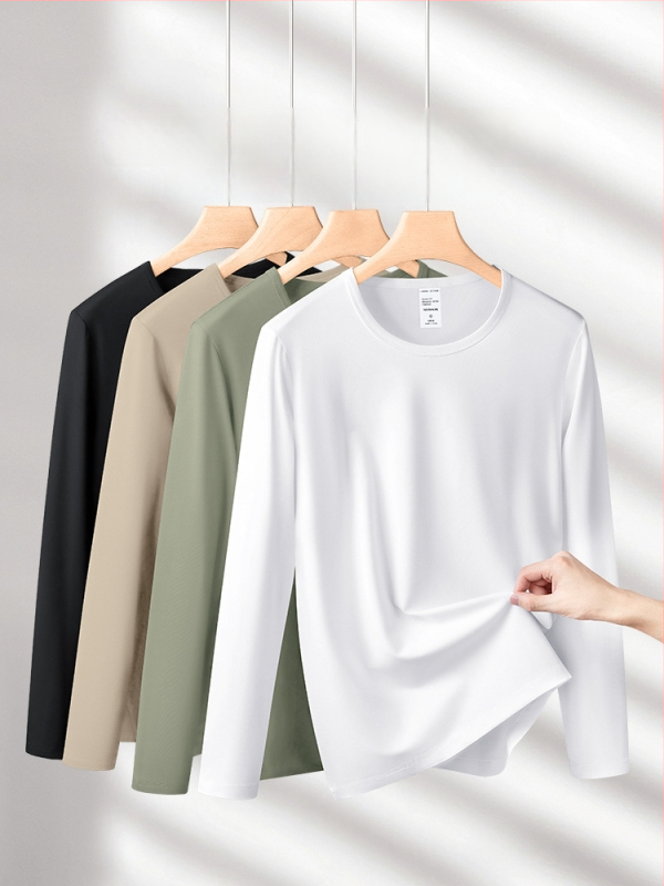 Pánske dlhé rukávy basové tričko z modal-bavlno-elastan zmesi, kruhový výstrih, priliehavý strih