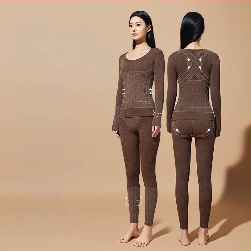 Set termic de bază pentru modelarea corpului: bumbac extensibil, două straturi, mâneci lungi, guler rotund, pantaloni