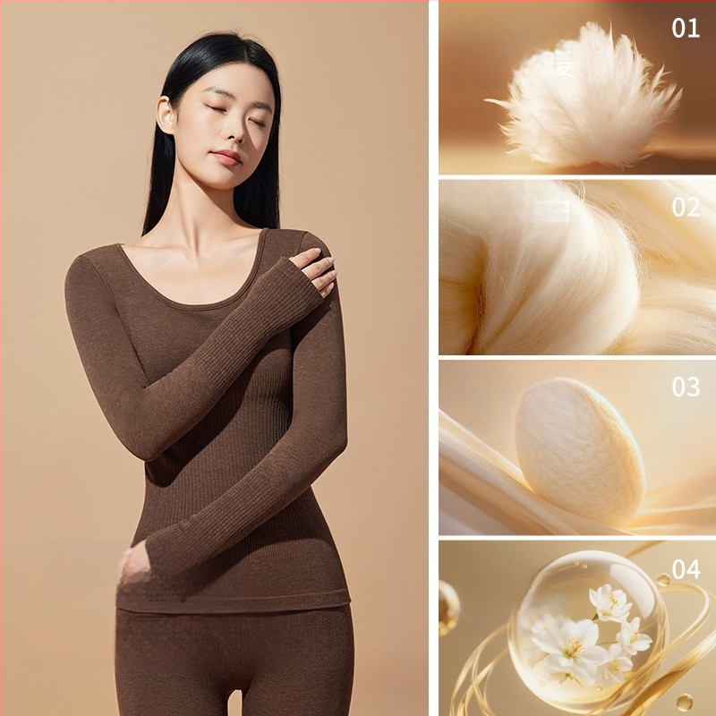 Set termic de bază pentru modelarea corpului: bumbac extensibil, două straturi, mâneci lungi, guler rotund, pantaloni