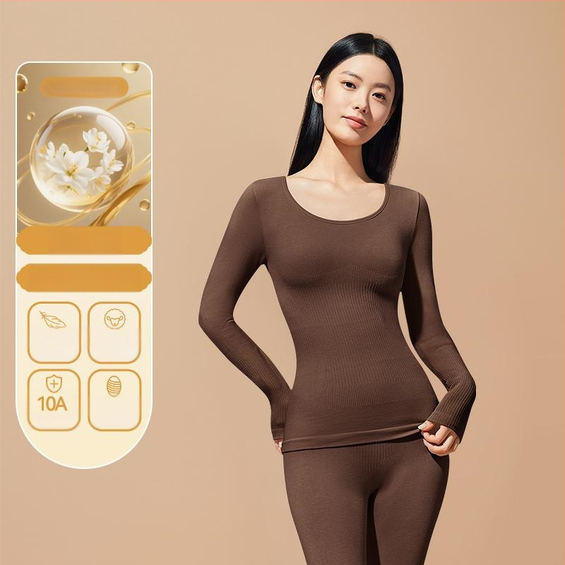 Set termic de bază pentru modelarea corpului: bumbac extensibil, două straturi, mâneci lungi, guler rotund, pantaloni